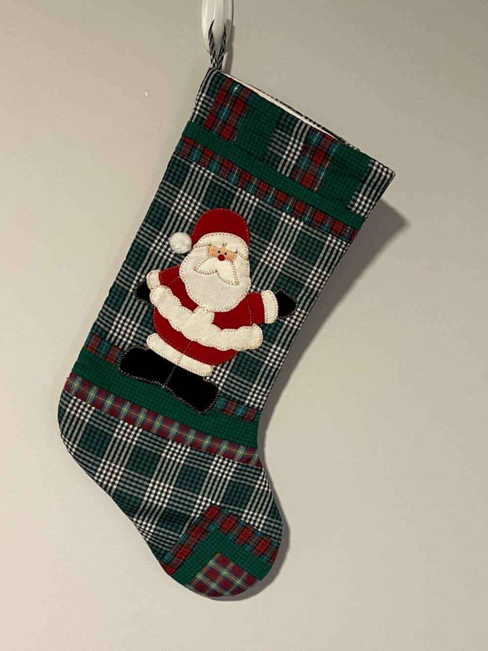 Quilted Santa Christmas Stocking Green Plaid Patchwork Cottagecore Holiday Decor